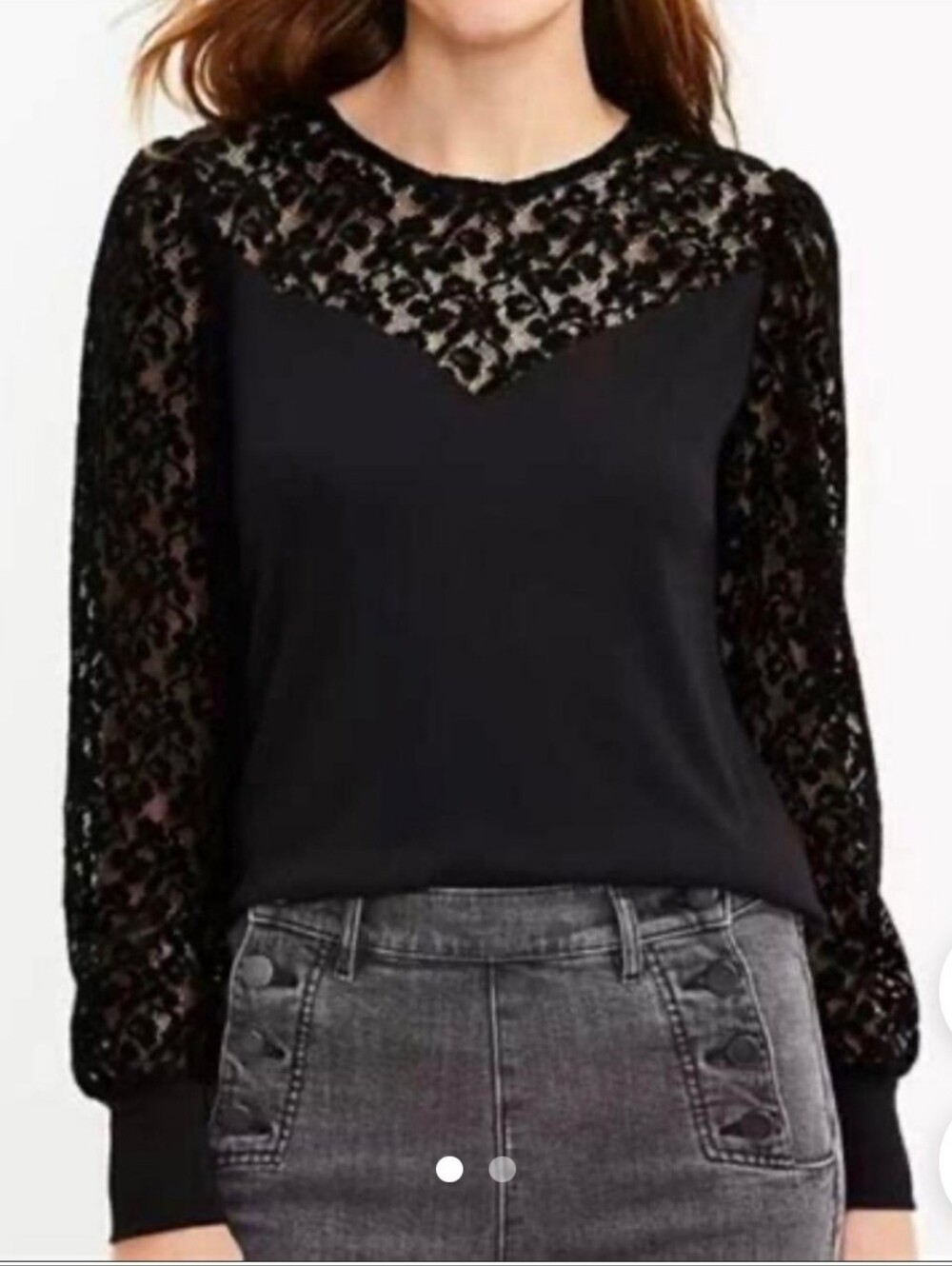 Black Lace Yoke Long-Sleeve Women's Top